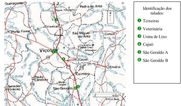 Figura 1  - Localização dos taludes rodoviários estudados nas regiões de Viçosa e São  Geraldo (adaptado de INSTITUTO DE GE OCIÊNCIAS APLICADAS,  1983)