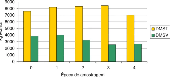 Figura 1  – Disponibilidade de matéria seca total (DMST) e matéria seca  verde (DMSV) de Brachiaria decumbens sob pastejo, por época  (início, 0 = 8/jul; 1 = 7/ago; 2 = 9/set; 3 = 30/set e 4 = 29/out)