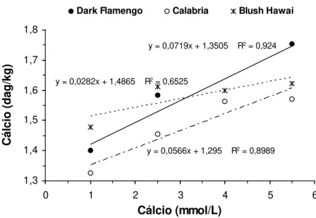 Figura 10. Concentração de cálcio na  matéria seca das folhas de  variedades de crisântemos cultivados em sistema hidropônico  em função da aplicação de doses de cálcio