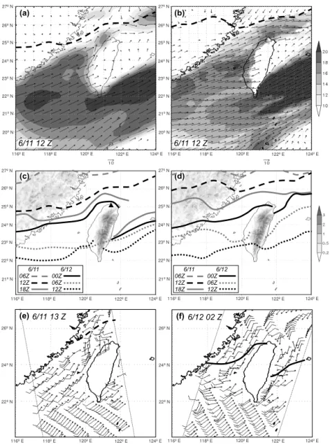 Figure 2. (a) NCEP (0.5 ◦ ) 950 hPa analysis and (b) CReSS simulation of horizontal winds (m s −1 , speed shaded, scale to the right) at z = 549 m at 12:00 UTC on 11 June 2012, with frontal position marked (thick dashed lines)