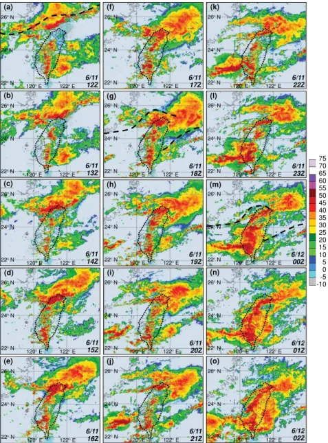 Figure 4. Composite VMI radar reflectivity (dBZ, color, scale to the right) over the Taiwan area at 1 h intervals from (a) 12:00 UTC on 11 June to (i) 02:00 UTC on 12 June 2012