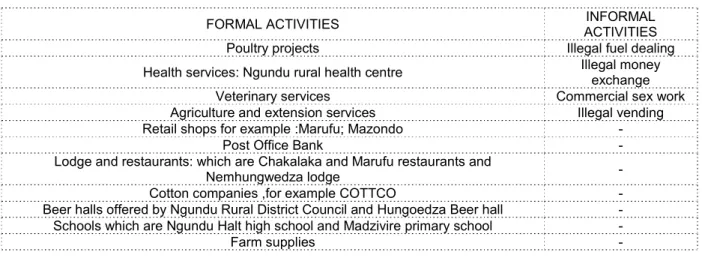 Table 2 – Formal and Informal Activities at Ngundu 
