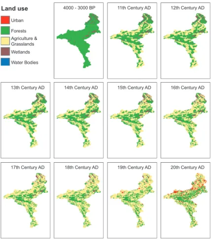 Fig. A1. Reconstructed Meuse basin land use maps for the late Holocene, showing the large decrease in forested area between 4000–3000 BP and 1000–2000 AD