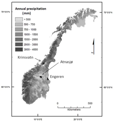 Figure 1. Catchment locations and spatial pattern of average annual rainfall (1961–1990) in Norway.