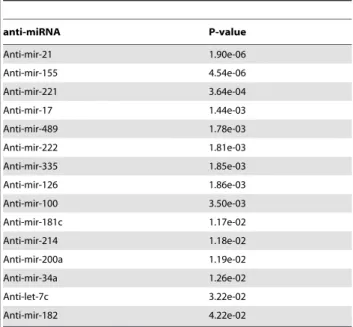 Figure 6. Histogram of miRNA/target relationships. A: The top ranked 15 miRNAs of Table 2 correlated with the amount of their corresponding targets in the EGFR signaling pathway (Table 1)