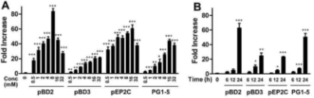 Figure 1. Butyrate-induced expression of pBD2, pBD3, pEP2C, and PG1-5 in porcine IPEC-J2 intestinal epithelial cells