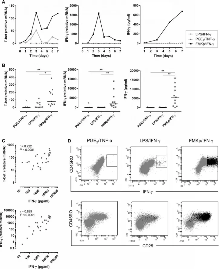 Figure 5. Differential Th1 polarizing capacity of differently matured DC. Naive CD4 + T cells were co-cultured for 7 days with PGE 2 /TNF-a (dark gray triangle), LPS/IFN-c (light gray circle) or FMKp/IFN-c-(black square) matured DC