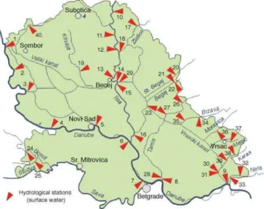 Figure 1. Surface water station network of regional hydrological station Novi Sad, with the locations of hydrological stations Bezdan (1) and Bogojevo (3) (source: Republic Hydrometeorological Service of Serbia)