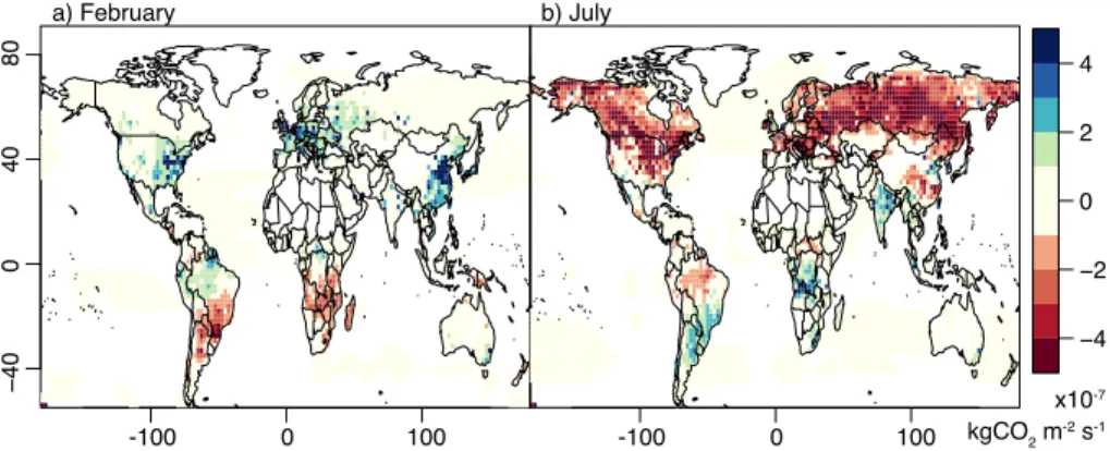 Figure 1. Average CT CO 2 fluxes (version 2011oi) for (a) Feburary and (b) July 2009. The fluxes include biosphere, ocean, fossil fuel, and biomass burning fluxes (http://www.esrl.noaa.
