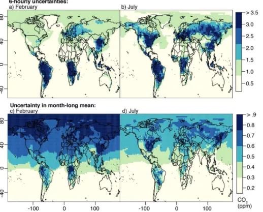 Figure 2. The top panels display average 6 hourly CO 2 transport uncertainties estimated by CAM–LETKF