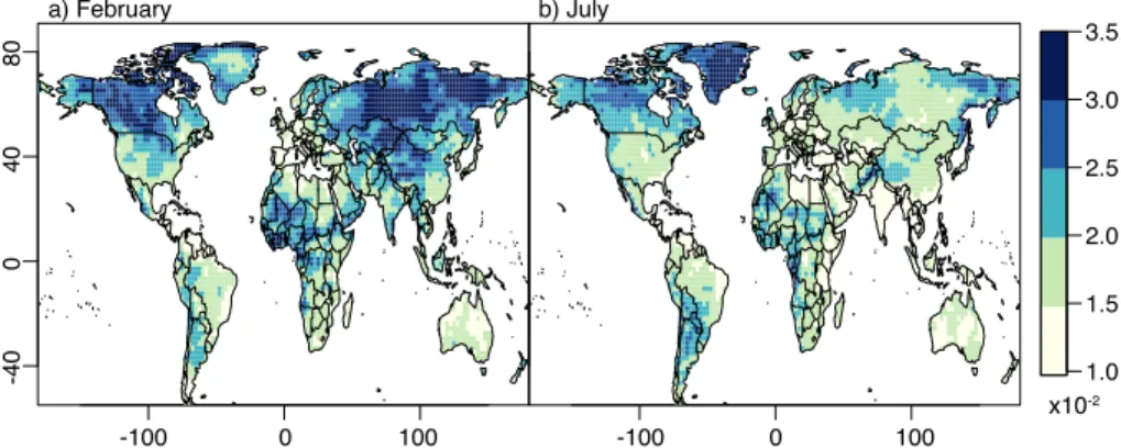 Figure 5. The coefficient of variation (CV, unitless) for the monthly-averaged model surface layer