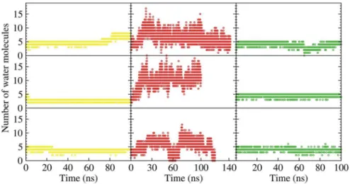 Figure 4. Time development of the number of the water molecules in the D96-K216 cavity