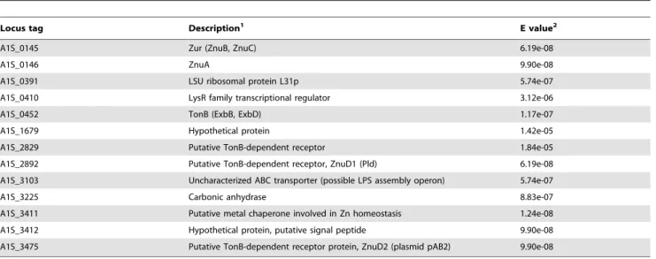 Figure 5. Genetic characterization of a putative Zn uptake system in A. baumannii. (A) Schematic representation of the genomic locus containing znuA and the zurznuCB operon