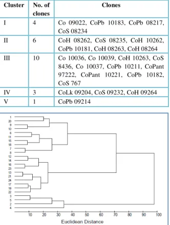 Table 2 Grouping of genotypes into six clusters based on D 2 values  Cluster  No. of  clones  Clones  I  4  Co  09022,  CoPb  10183,  CoPb  08217,  CoS 08234 