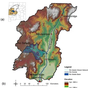 Fig. 1. (a) R´ıo Salado basin in New Mexico, along with highlighted counties of Catron, Cibola, and Socorro