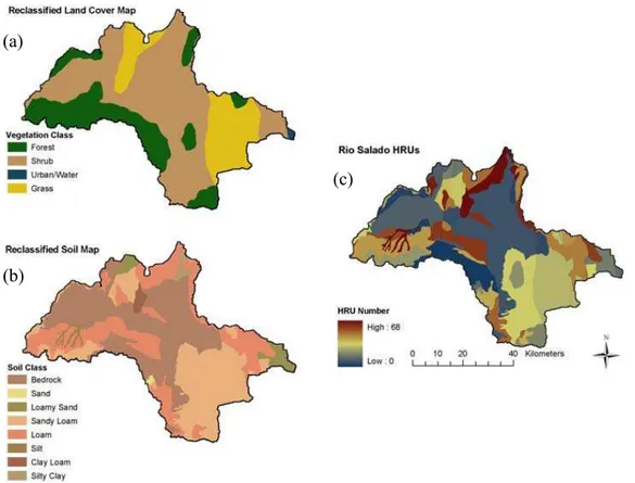 Fig. 2. Reclassified regional (a) vegetation and (b) soil maps are combined to produce (c) a Hydrologic Response Unit (HRU) distribution for the R´ıo Salado.