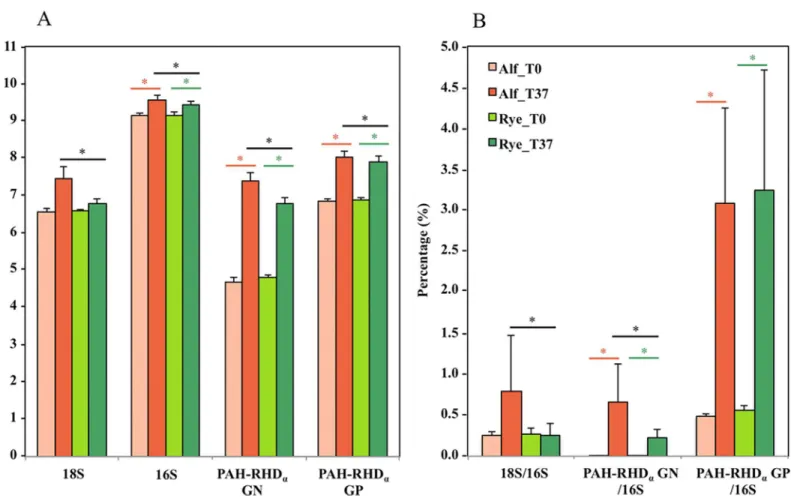 Fig 3. Abundance values (A) and percentages (B) (relative to 16S rDNA) of fungal, bacterial and PAH-degrading bacterial communities over time (at T 0 and at T 37 ) and depending on the plant species (orange: alfalfa, Alf; green: ryegrass, Rye)