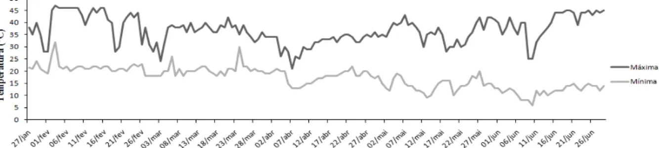 Figura 1. Dados de temperatura máxima e mínima durante a condução do experimento. Botucatu/SP, 2010