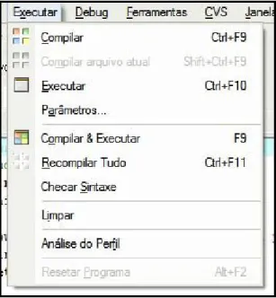 Figura 2.5 – O menu Executar possui todas os comandos necessários para compilar e  executar os programas que criaremos.