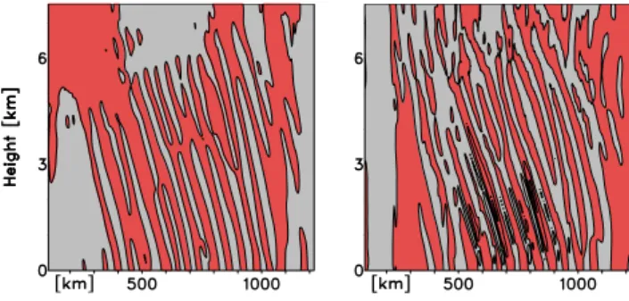 Fig. 4. Left: Vertical velocity component w (color: gray w&lt;0, red w&gt;0; contours every 2.0 cm s −1 at 33 h after initialization
