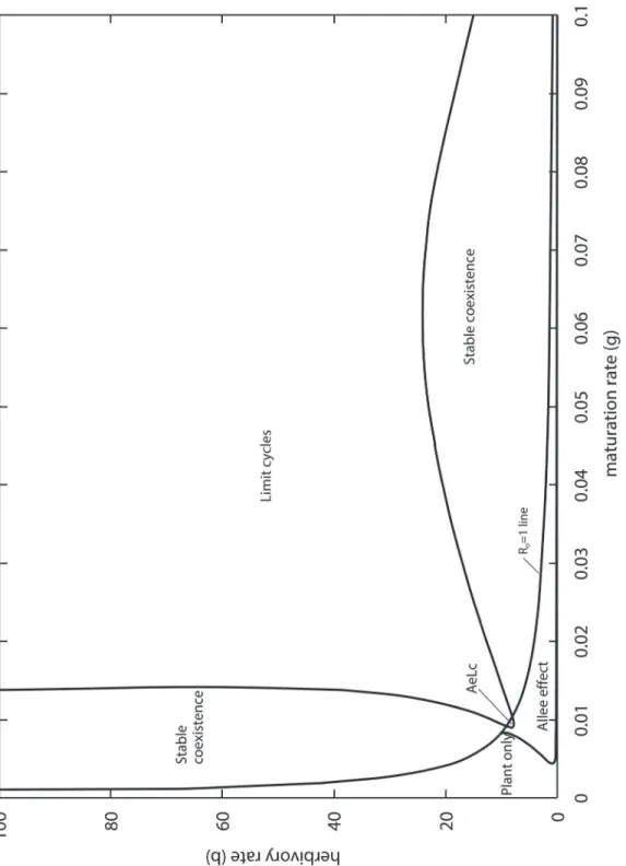 Fig 4. Outcomes of the PLA model as a function of the larval maturation and herbivory rates for generalist pollinators (ϕ = 1)