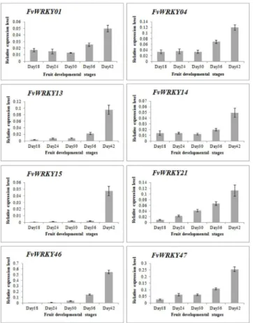 Fig 7. qRT-PCR validation of FvWRKY expression during fruit development and ripening. Red and blue boxes indicate high and low expression levels, respectively, for each gene