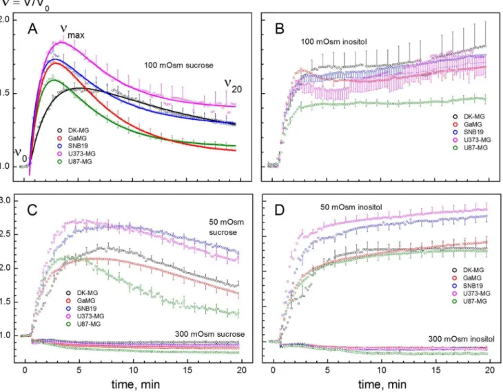 Figure 5. Changes of the normalized volume V/V 0 in glioblastoma cell lines in response to sucrose- and inositol-substituted solutions of different osmolalities (LHS and RHS columns, respectively)
