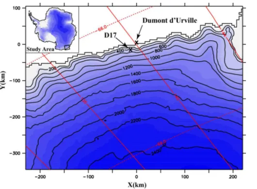Figure 1. Map of Adélie Land showing the location of Dumont d’Urville station and measure- measure-ment site D17