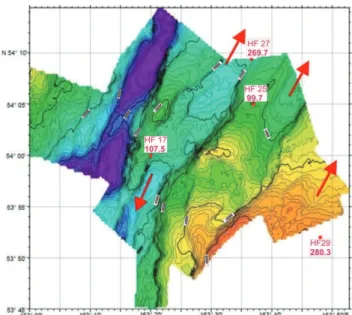 Figure 5 shows positions and measured values of all heat flow stations in area 13 together with the bathymetry
