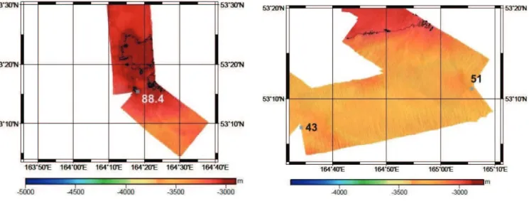 Fig. 8. Area 14: bathymetry and position of heat flow stations and heat flow values in m Wm −2 as measured during cruise SO201-2 (values in white or black)