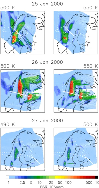 Fig. 11. BSR(1064) calculated from results of combined mesoscale/microphysical modeling on two isentropic levels for 25–