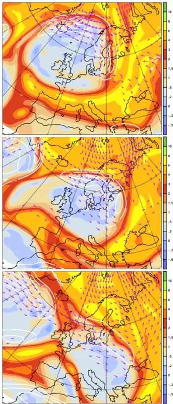 Fig. 1. The synoptic situation at 12:00 UTC, 25 January (top), 26 January (middle) and 27 January (bottom) from ECMWF analysis data