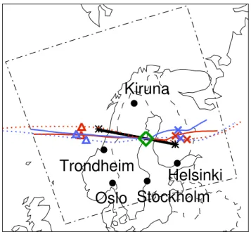Fig. 6. Falcon flight path and air parcel trajectories on 26 January 2000, and domain boundaries of the mesoscale model HRM (black dash-dotted lines)