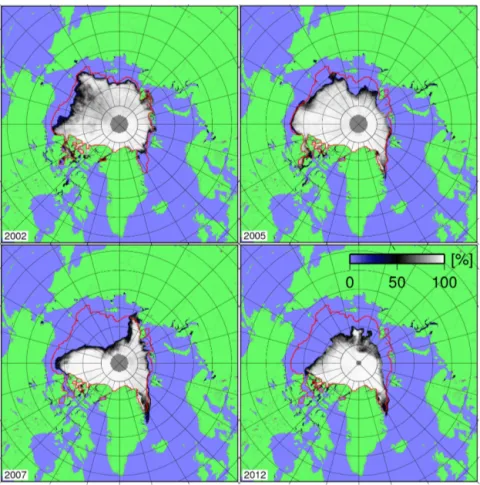 Figure 1. Monthly mean sea ice concentration (white to blue), based on SSM/I data for September 2002, 2005, 2007 and 2012, with the average ice margin (red) for the years 1992–2006