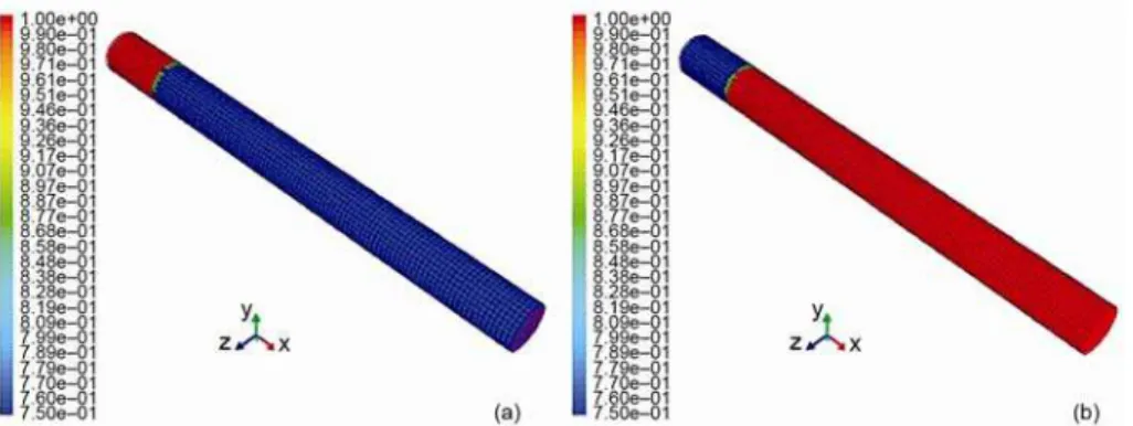 Figure 3. Results of inert particles fragmentation modeling in cylindrical channel; particle tracks: 