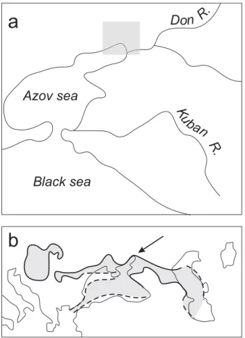 Fig. 2. Location of the studied sections of the Upper Mio- Mio-cene deposits of the Rostov Dome.