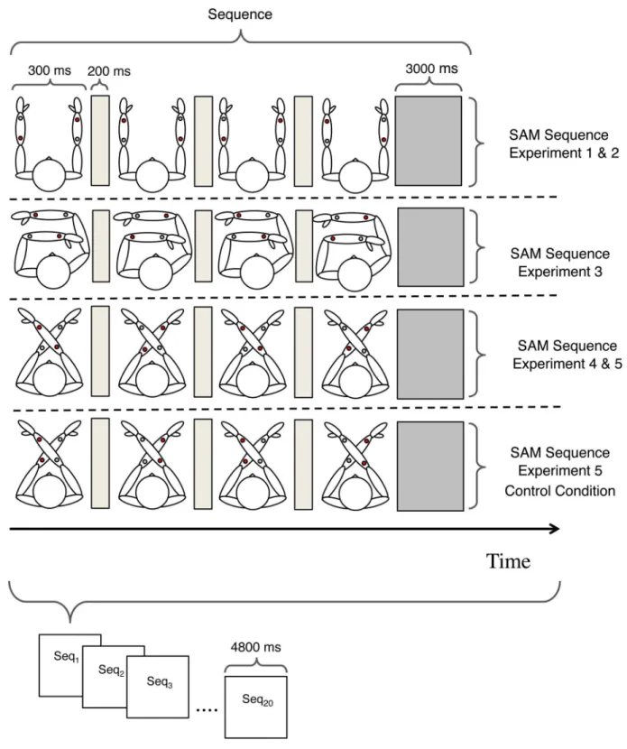 Fig 2. Tactile SAM Paradigm. Within each experimental block, 20 SAM sequences (Seq i ) were presented for 4800 ms each and participants indicated their motion percepts at the end of each sequence