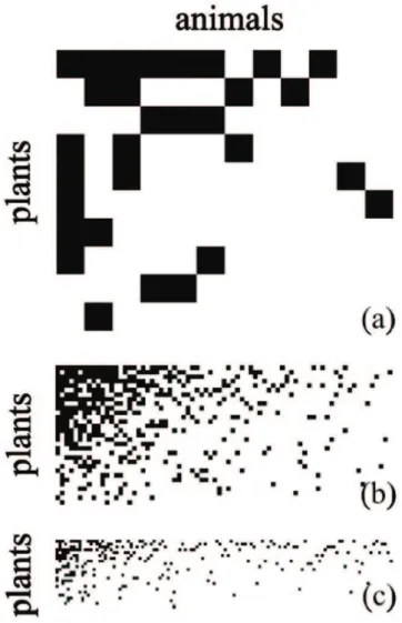 Figure 2 shows three examples of natural networks, taken from [21,22]. We have ordered the species, plants as well as animals, according to their degree, from generalist to specialist