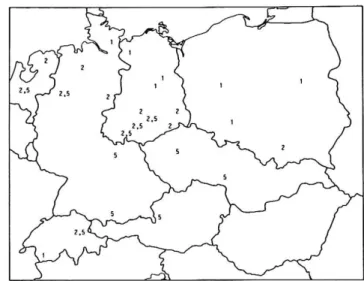 Abb. 4b Irrtumswahrscheinlichkeiten in Prozent für das Auftreten der Differenzen zwischen wetterlagenabhängigen (meridionale Zirkulationsform) und langjährigen Mittelwerten der Temperaturen