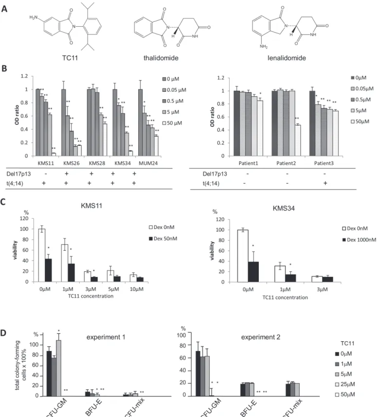 Figure 1. TC11 inhibited the growth of MM cell lines. (A) The chemical structures of TC11, thalidomide, and lenalidomide