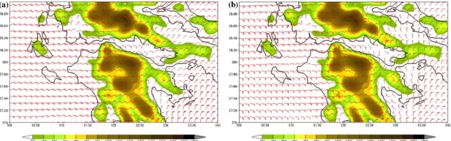 Fig. 9. 10 m wind speed from MM5 model valid at (a) 06:00 UTC on 26 December 2011 and (b) 18:00 UTC on 12 January 2009
