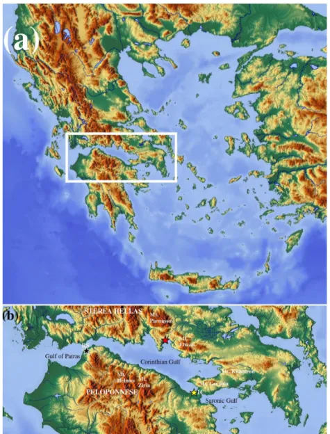 Fig. 1. (a) Map of Greece: the white box indicates the location of the Corinthian Gulf