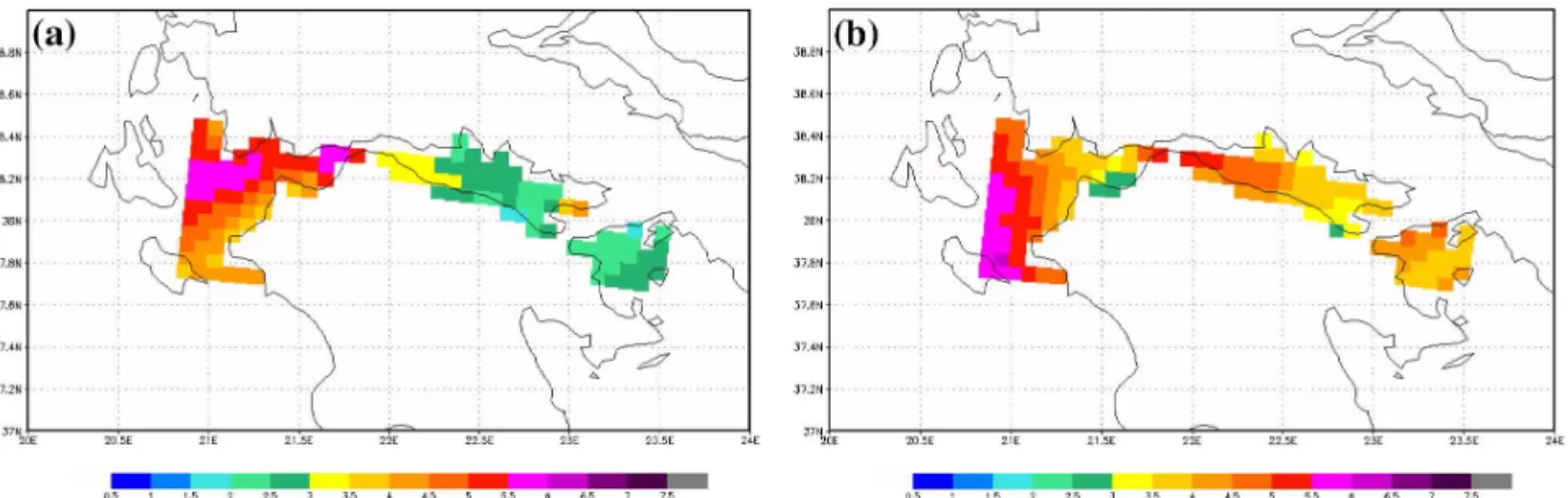 Fig. 6. Mean wind speed at 10 m derived from 6 h model data for (a) the eastern sector (wind direction from 45 to 135 ◦ ) and (b) the western sector (wind direction from 215 to 315 ◦ ) winds.