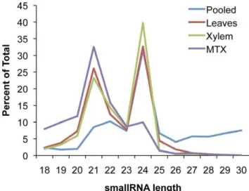 Figure 1. Length distribution of smallRNA reads. Length distribution of smallRNAs of obtained from four individual sequencing runs after adaptor removal but prior to filtering.