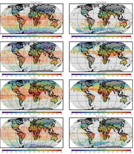 Fig. 8. Spatial distribution of seasonal 2 × 2 degree grid box averages of δD ′ for GOSAT (left panels, 2009–2011) and SCIAMACHY (right panels, 2003–2005).