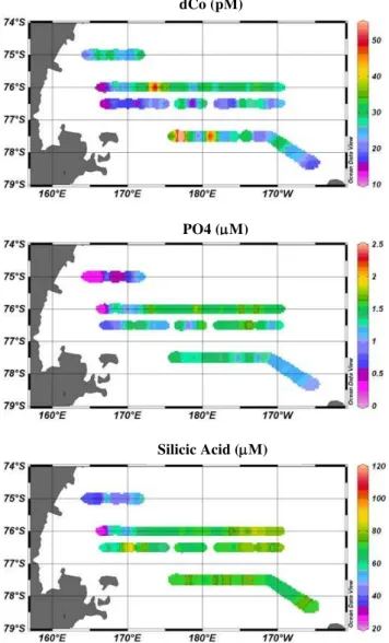 Fig. 5. Surface transects for total dissolved Co (dCo, top), sol- sol-uble reactive phosphate (middle) and silicic acid (bottom) from CORSACS-1 1–22 January 2006