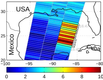 Fig. 1. GOME NO 2 TSCDs (10 15 molec/cm 2 ) on 30 August 2000 in the Gulf of Mexico. From 16:47–16:48, a series of 14 eastern  pix-els (marked in black and numbered) shows enhanced values above 4×10 15 molec/cm 2