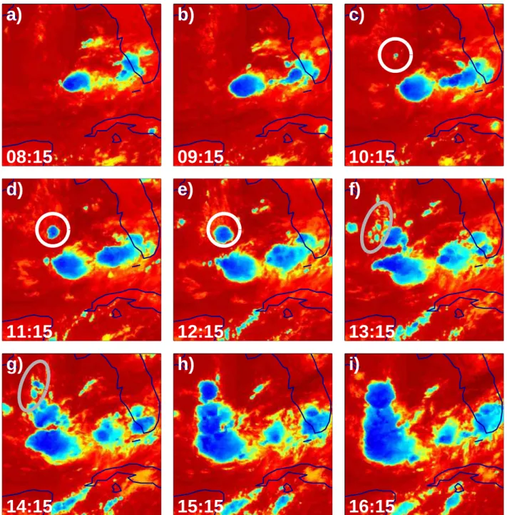 Fig. 4. Evolution of the convective complex as monitored by GOES CTT measurements (all times UTC)