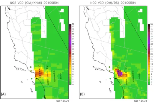 Figure 7. Spatial distribution of P3 NO 2 VCDs (circles) and OMI NO 2 VCDs for original KNMI product (a), and downscaled OMI (b) for 4 May 2010.