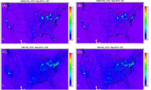 Figure 8. Spatial distributions of (a) CMAQ NO 2 VCD without AK and (b) with AK; (c) OMI NO 2 VCD without downscaling and (d) with downscaling.